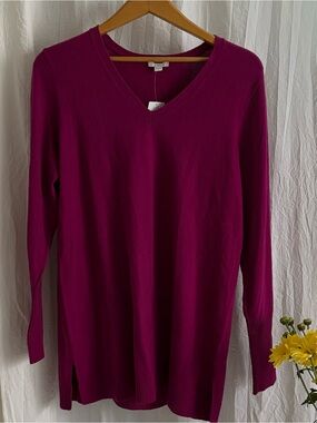 NWT J.Jill Womens M Pink V Neck Sweater Magenta Long Tunic Ribbed Cotton Blend
